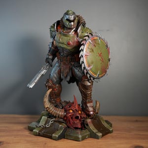 May include: A detailed figurine of a warrior in green and brown armour, holding a silver gun and a circular saw-blade shield. The figure stands on a base with a demonic skull and horns. The overall design is highly detailed and textured.