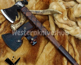 Personalized Viking Axe – Hand-Forged Norse Carbon Steel Axe with Leather Sheath