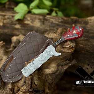 Couteau Cowboy Bull Cutter personnalisé fait main en acier damas - Couteau de chasse et d&#39;écorchage avec étui en cuir