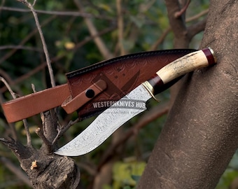 Handmade Damascus Bowie Knife: Stag Antler Handle, Leather Sheath