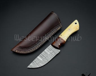 Handmade Damascus Steel Skinning Knife: Ram Camel Bone and Wood Handle, Leather Sheath