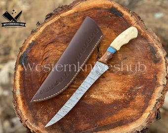 Handmade Damascus Steel Fishing Fillet Knife with Leather Sheath