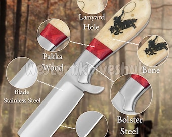 Könnte beinhalten: Ein Rasiermesser mit einer Klinge aus Edelstahl, einem Griff aus Pakka-Holz und Knochen sowie einem Stahlpolster. Der Griff zeigt eine schwarze Grafik eines Cowboys auf einem Pferd. Enthält ein Lanyard-Loch.