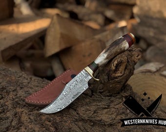 Hand Forged Damascus Steel Hunting Knife | Everdaycarry knife  with Stag & Wood Handle |  Leather Sheath