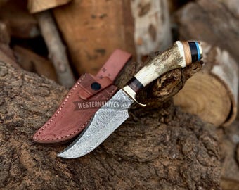 Handmade Damascus Steel Hunting Knife | 10”  Knife with Stag & Wood Handle |  Leather Sheath