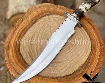 Handmade D2 Steel Bowie Knife: Stag Handle, Leather Sheath - Wild West Style