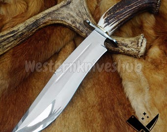 Cuchillo Bowie de acero D2 hecho a mano: mango de asta de ciervo, funda de cuero, espiga completa
