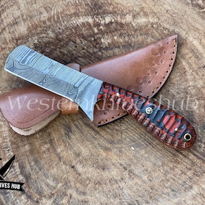Handcrafted Damascus Steel Bull Cutter Cowboy Knife – 7” Blade with Wooden Handle & Leather Sheath | Western-Style Knife | Ideal Gift