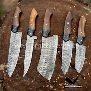Handmade Damascus Steel Chef Knife Set: Rosewood Handle, Leather Sheath