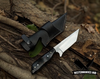 Cuchillo multiusos de acero D2 hecho a mano • Mango de micarta de 7", funda de cuero