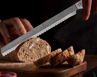 Handmade Etched Stainless Steel Serrated Bread Knife | Resin Handle, Leather Sheath