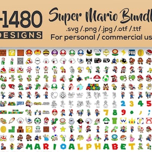 Mario Cut Files, Mario Clipart, Super Mario Font, Mario PNG, Printable Mario, and 1480+ Super Mario SVG Bundle for Cricut and Sublimation