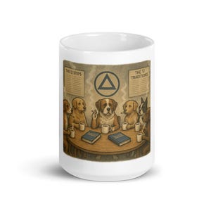Peut inclure: Mug en céramique blanche avec une illustration humoristique de chiens en réunion. Les chiens sont réunis autour d'une table, fumant et buvant du café. Le mug porte les inscriptions "The 12 Steps" et "The 12 Traditions".