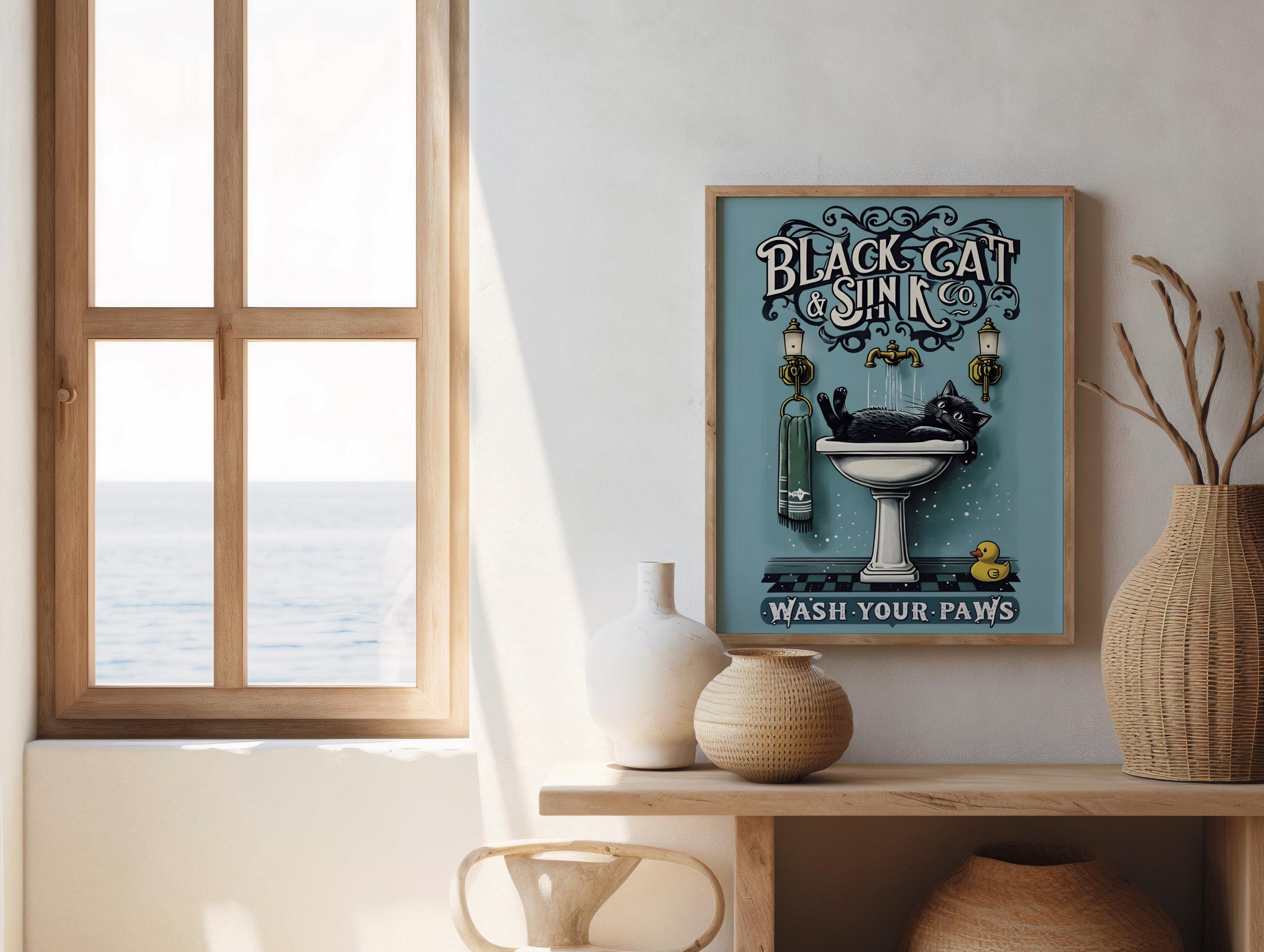 Black Cat Bathroom Wall Art Print – Funny Vintage Retro Poster With ...