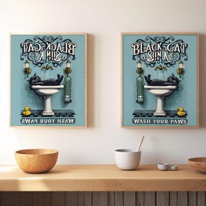 Black Cat Bathroom Wall Art Print – Funny Vintage Retro Poster with Sink & Rubber Duck, Wash Your Paws Bathroom Decor for Cat Lovers