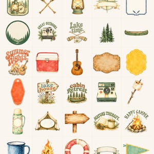 May include: A set of watercolour illustrations with camping and outdoor themes. Includes a lantern, compass, canoe, guitar, campfire, and signs with text like "Wilderness Explorer," "Great Outdoors," and "Happy Camper."
