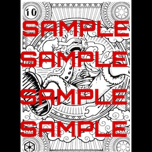 May include: A black and white line art illustration featuring a character with flame-like hair covering their eyes, positioned within a circular frame surrounded by clouds and geometric patterns. The number 10 is in the top left corner, and the word SAMPLE is overlaid in red text.