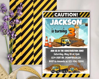Editable Construction Party Invite – Birthday Digital Template + Number Stickers