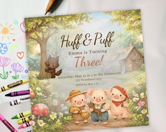 Three Little Pigs Birthday Invitation, Storybook Farm Party Template (Digital Download)