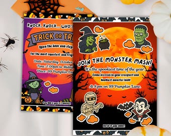 Editable Halloween Invitation Template Set – Digital Invite + 75+ Stickers – Instant Download