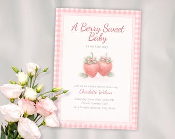 Berry Sweet Baby Shower Invitation – Editable Pink Canva Template – Instant Download