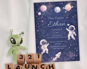Astronaut Birthday Invitation – Editable Outer Space Galaxy Canva Template – Instant Download