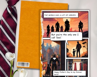 Editable Digital Father's Day Greeting Card: Comic Book Style Superhero Love for Dad