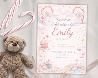 Pink Candyland Birthday Party Invite – Editable Canva Template – Instant Download