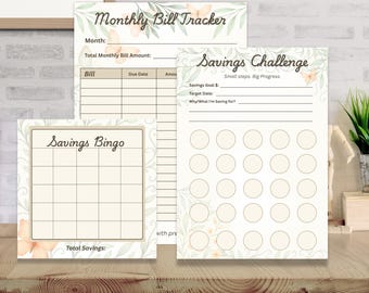 Editable Financial Reset Kit | Minimal Floral Savings Challenge, Bill Tracker (Digital Download)