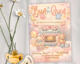Bun in the Oven Baby Shower Invitation – Editable Pastel Canva Template – Instant Download