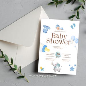 Blue, Boy Baby Shower Invitation | Editable Template | Printable Baby Shower Invite | Instant Download | DIY Printable Boy Baby Shower Card