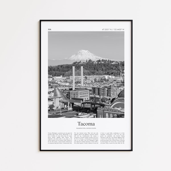 Tacoma Black and White Print, Tacoma Photo Poster, Tacoma Travel Poster Gift, Washington, United States, USA Wall Art Print, Home Decor Gift