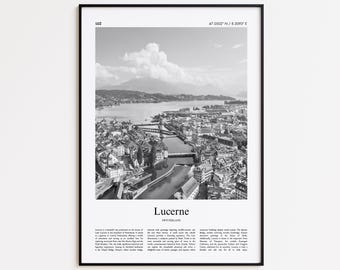 Impression noir et blanc de Lucerne, affiche photo de Lucerne, cadeau d'affiche de voyage de Lucerne, impression d'art mural Suisse, impression minimaliste de décoration d'intérieur