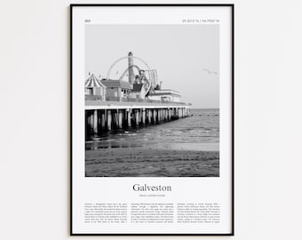 Impression noir et blanc de Galveston, affiche photo de Galveston, cadeau d'affiche de voyage de Galveston, Texas, États-Unis, USA Impression d'art mural