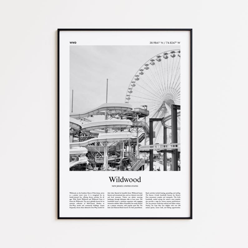 Wildwood Black and White Print, Wildwood Photo Poster, Wildwood Travel Poster Gift, New Jersey, United States, USA Wall Art Print image 1