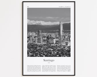 Impresión en blanco y negro de Santiago, póster fotográfico de Santiago, póster de viaje de Santiago, impresión de arte mural de Chile, impresión minimalista para decoración del hogar.