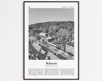 May include: Black and white framed print featuring an aerial view of Belmont, Massachusetts. The print includes the town's name and coordinates at the top. The image showcases buildings, roads, and a tree-covered hill, with text at the bottom.