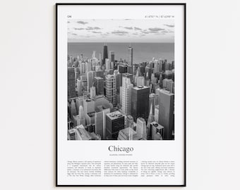 Stampa in bianco e nero di Chicago, poster fotografico di Chicago, poster turistico di Chicago, Illinois, Stati Uniti, stampa artistica da parete USA