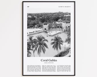 Impresión en blanco y negro de Coral Gables, póster fotográfico de Coral Gables, póster de viaje de Coral Gables, Florida, Estados Unidos, impresión artística de pared de EE. UU.