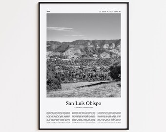 Impresión en blanco y negro de San Luis Obispo, póster fotográfico de San Luis Obispo, póster turístico de San Luis Obispo, California, Estados Unidos.
