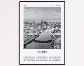 May include: Black and white framed print of Nashville, Tennessee. The image shows a cityscape with a bridge over a river. The word "Nashville" is printed at the bottom, with text below.