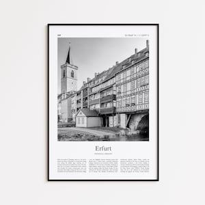 May include: Black and white framed print of Erfurt, Germany, featuring a historic cityscape with a tall church tower and traditional buildings. The print includes the city's name and coordinates.
