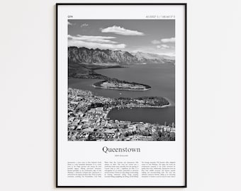 Queenstown Black and White Print, Queenstown Photo Poster, Queenstown Travel Poster Gift, New Zealand Wall Art Print, Modern Travel Print