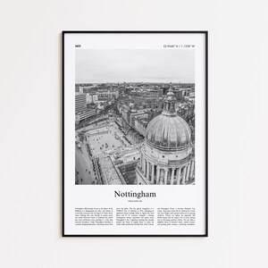 Impresión en blanco y negro de Nottingham, póster fotográfico de Nottingham, póster de viaje de Nottingham, impresión de arte mural del Reino Unido, impresión de viaje moderna