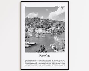 Portofino Black and White Print, Portofino Photo Poster, Portofino Travel Poster Gift, Italy Wall Art Print, Minimal Home Decor Print