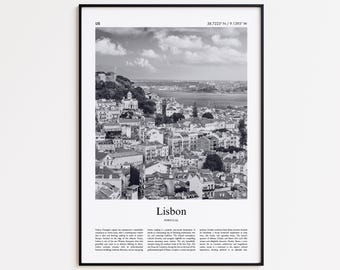 Impresión en blanco y negro de Lisboa, póster fotográfico de Lisboa, póster de viaje de Lisboa, impresión de arte mural de Portugal, impresión minimalista para decoración del hogar.