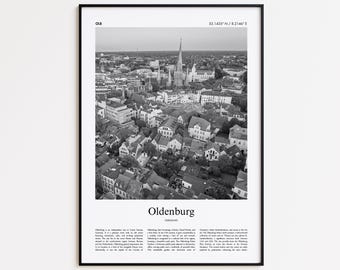 Stampa in bianco e nero di Oldenburg, poster fotografico di Oldenburg, poster turistico di Oldenburg in regalo, stampa artistica da parete della Germania, stampa minimalista per la casa