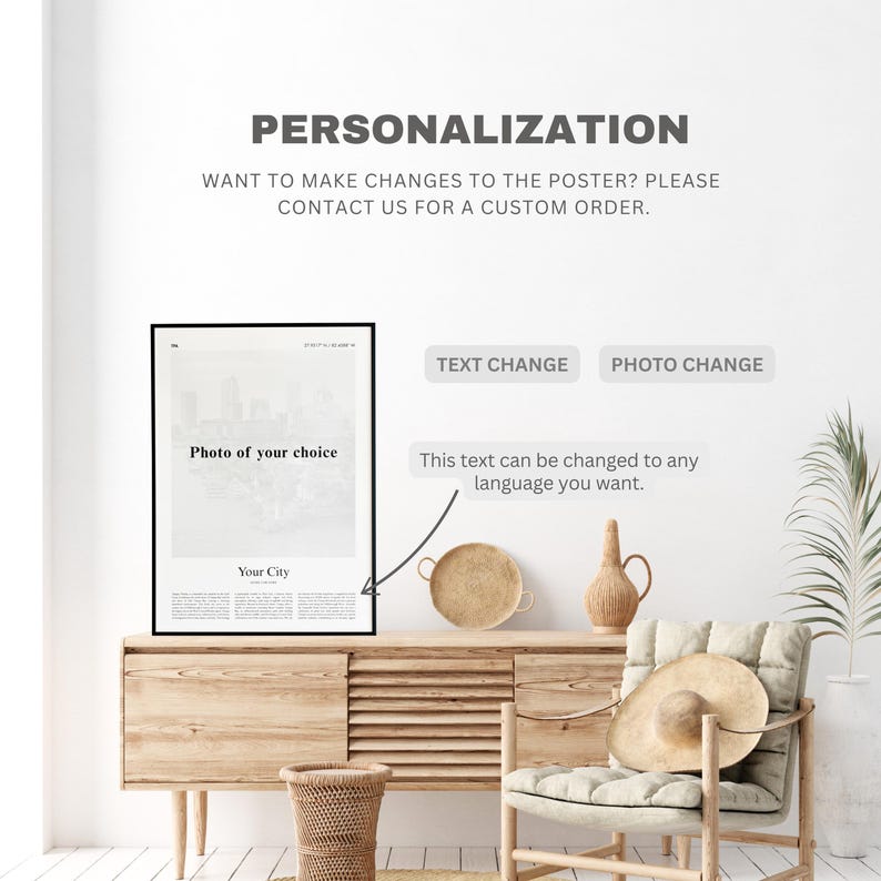 The image is a poster with a blank space for text, accompanied by a wooden dresser and a chair in a room with a plant.