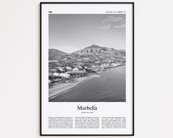 Marbella zwart-wit print, Marbella fotoposter, Marbella reisposter cadeau, Andalusië, Spanje Wall Art Print, moderne reisprint