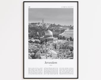 Czarno-biały wydruk z Jerozolimy, plakat ze zdjęciem Jerozolimy, prezent z podróży do Jerozolimy, wydruk ścienny z Izraela, minimalistyczny wydruk dekoracyjny do domu